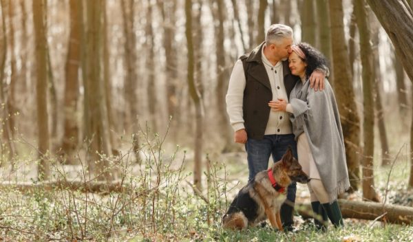 Senior couple in the woods during healthy retirement